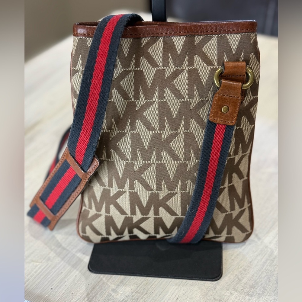 Michael Kors Brown Monogram Crossbody Bag with Red & Navy Webbed Strap